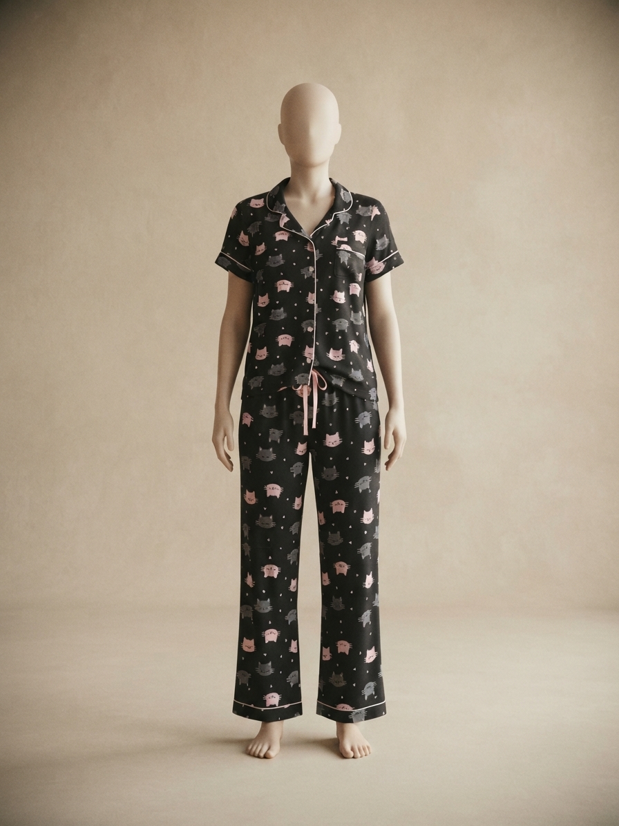 Black Cat-Print Short-Sleeve Pajama Set